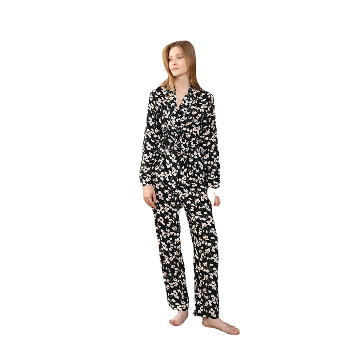 Loungewear Lapel Cardigan Long Sleeve Long Trouser Pyjama Set - Leverage On Heroes Women Store