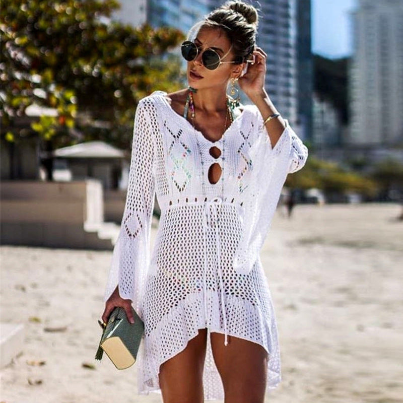 Hollow Lace-Up Beach Long Skirt Bikini Sunscreen Blouse - Leverage On Heroes Women Store
