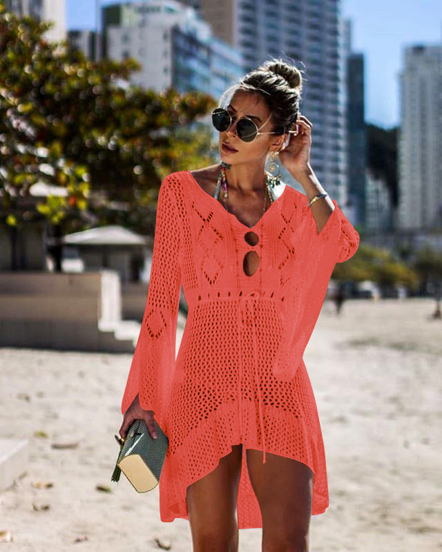 Hollow Lace-Up Beach Long Skirt Bikini Sunscreen Blouse - Leverage On Heroes Women Store