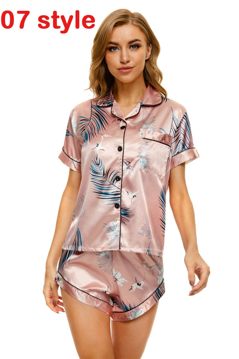 Summer Satin Women Pajams Print V-Neck Stretch Female Sleepwear Casual Shorts Set Loungewear Women - Leverage On Heroes Women Store