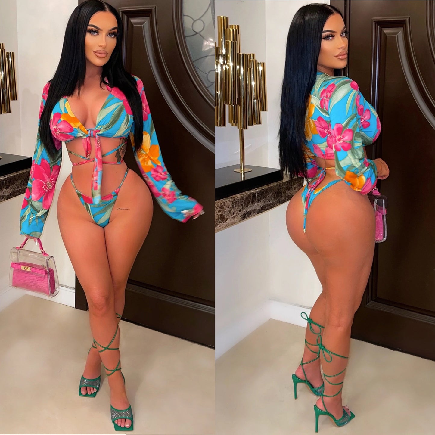 Women's Fashion Print Lace-Up Bikini Three Piece - Leverage On Heroes Women Store