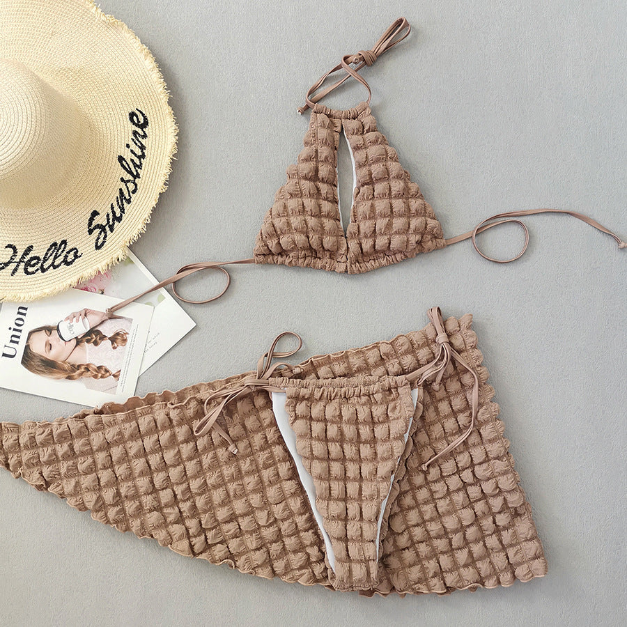 Lace-up Seersucker Three-piece Bikini Women's Swimsuit - Leverage On Heroes Women Store