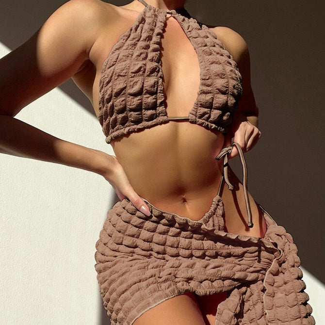 Lace-up Seersucker Three-piece Bikini Women's Swimsuit - Leverage On Heroes Women Store