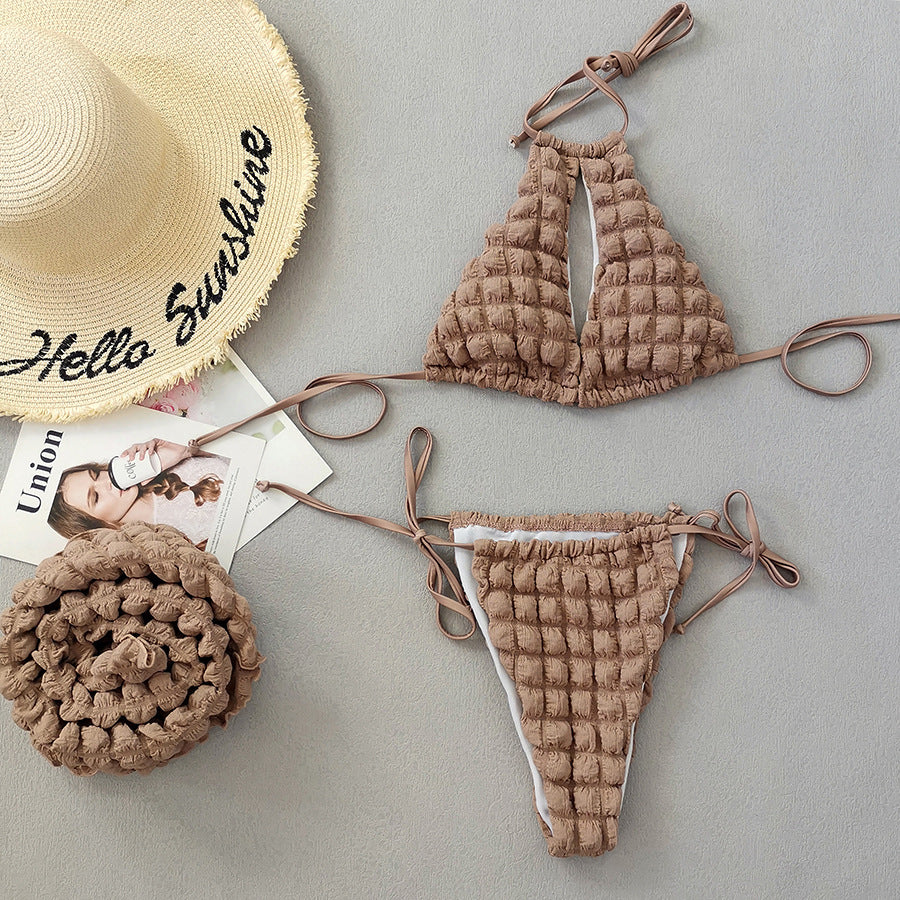 Lace-up Seersucker Three-piece Bikini Women's Swimsuit - Leverage On Heroes Women Store