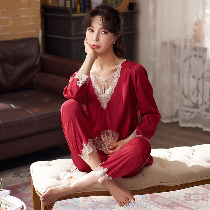 Faux Silk Long Sleeve Two Piece Pullover Lace Loungewear - Leverage On Heroes Women Store