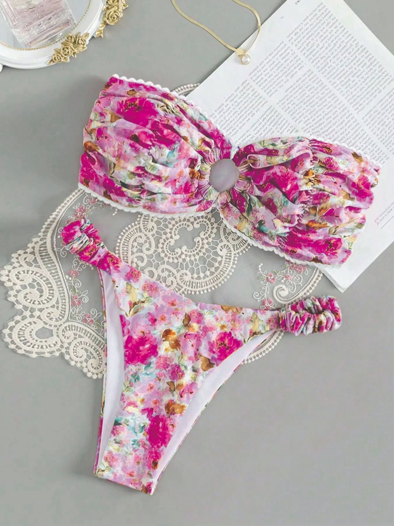 European And American Swimwear Printed Tube Top Bikini Lace - Leverage On Heroes Women Store