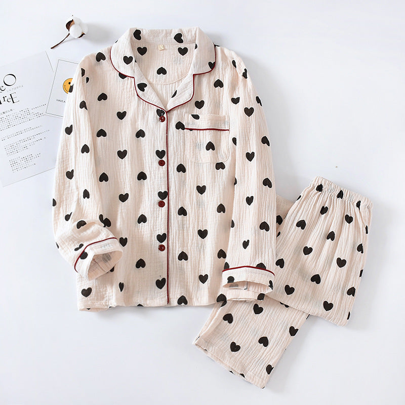 Women's Fashion Gauze Double Crepe Lapel Long-sleeved Loungewear Set - Leverage On Heroes Women Store