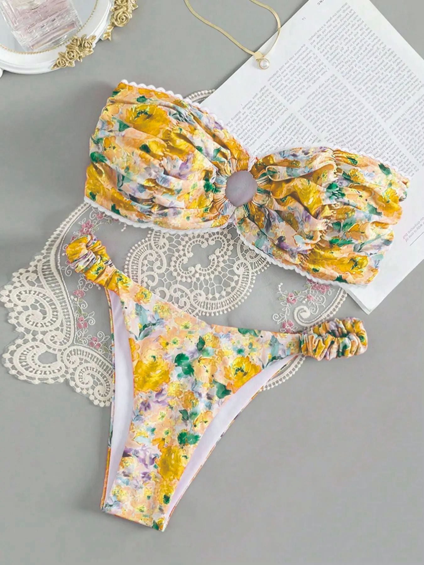 European And American Swimwear Printed Tube Top Bikini Lace - Leverage On Heroes Women Store