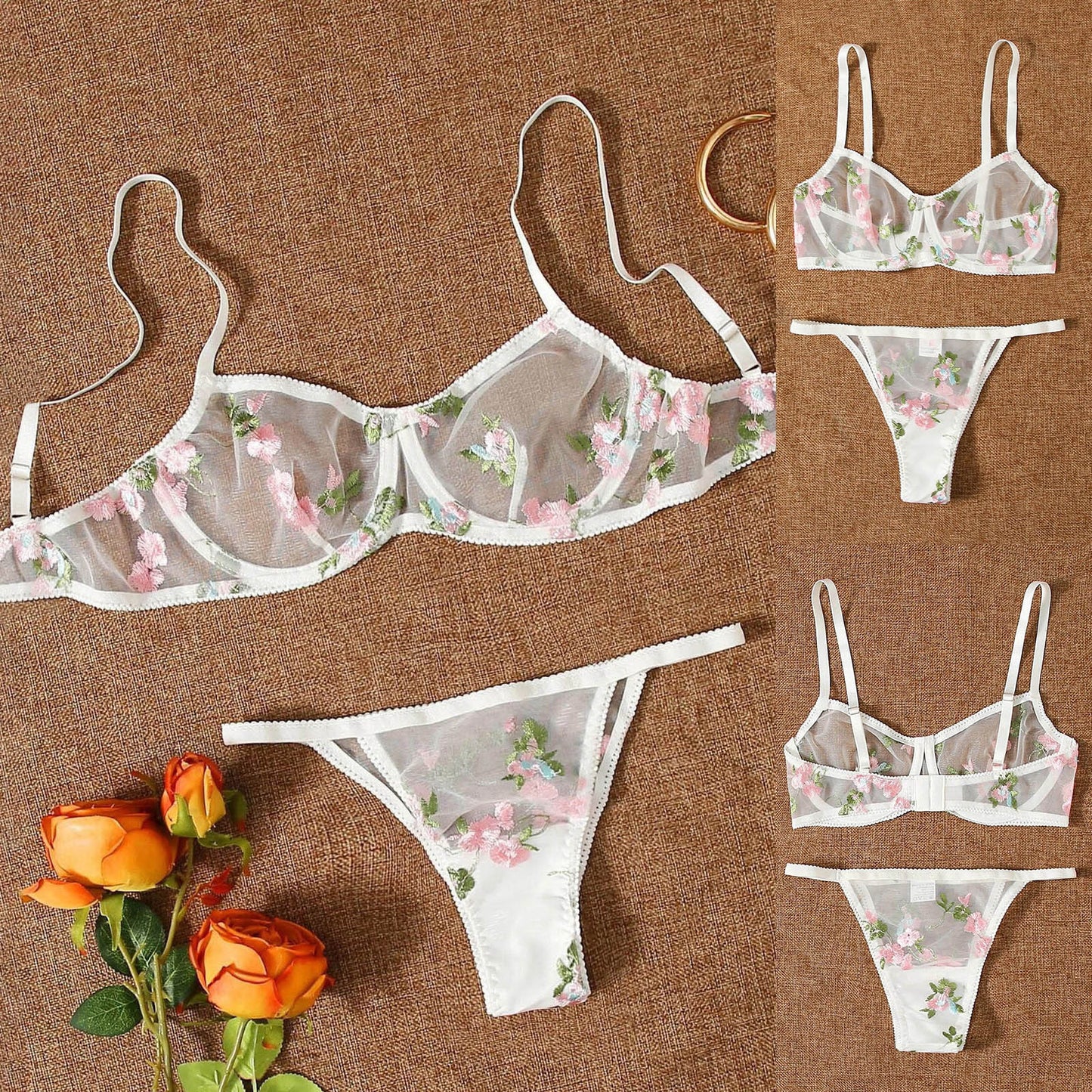 Three-point Mesh See-through Push Up Bras Embroidered Underwear Suit - Leverage On Heroes Women Store