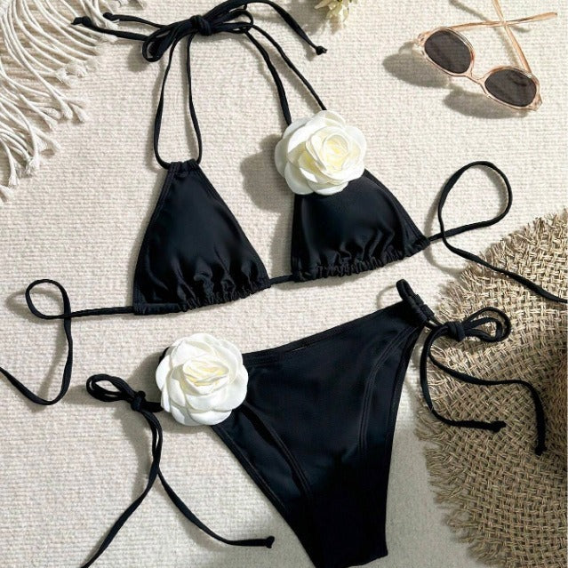 3D Three-dimensional Flower Drawstring Lace Bikini Split Swimsuit - Leverage On Heroes Women Store