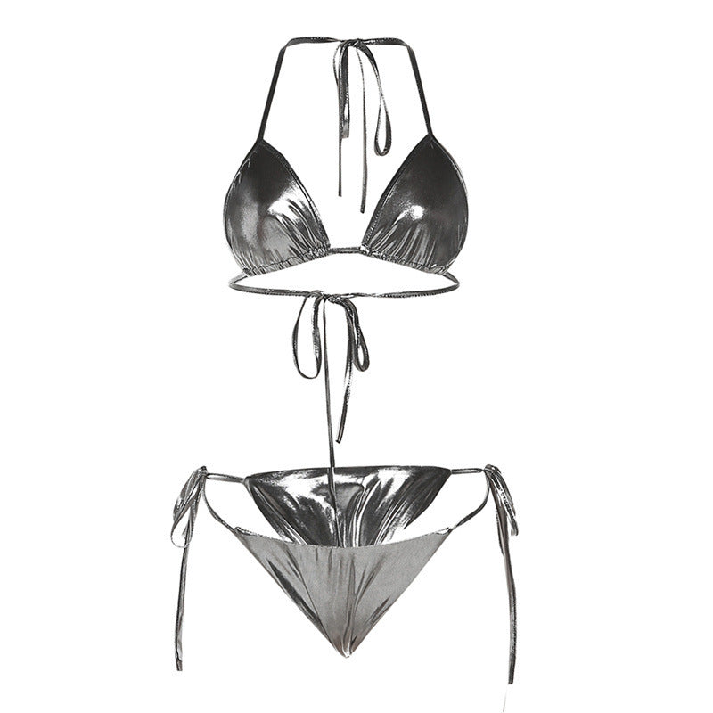 Hanging Neck Lace-up Reflective Bikini Two-piece - Leverage On Heroes Women Store