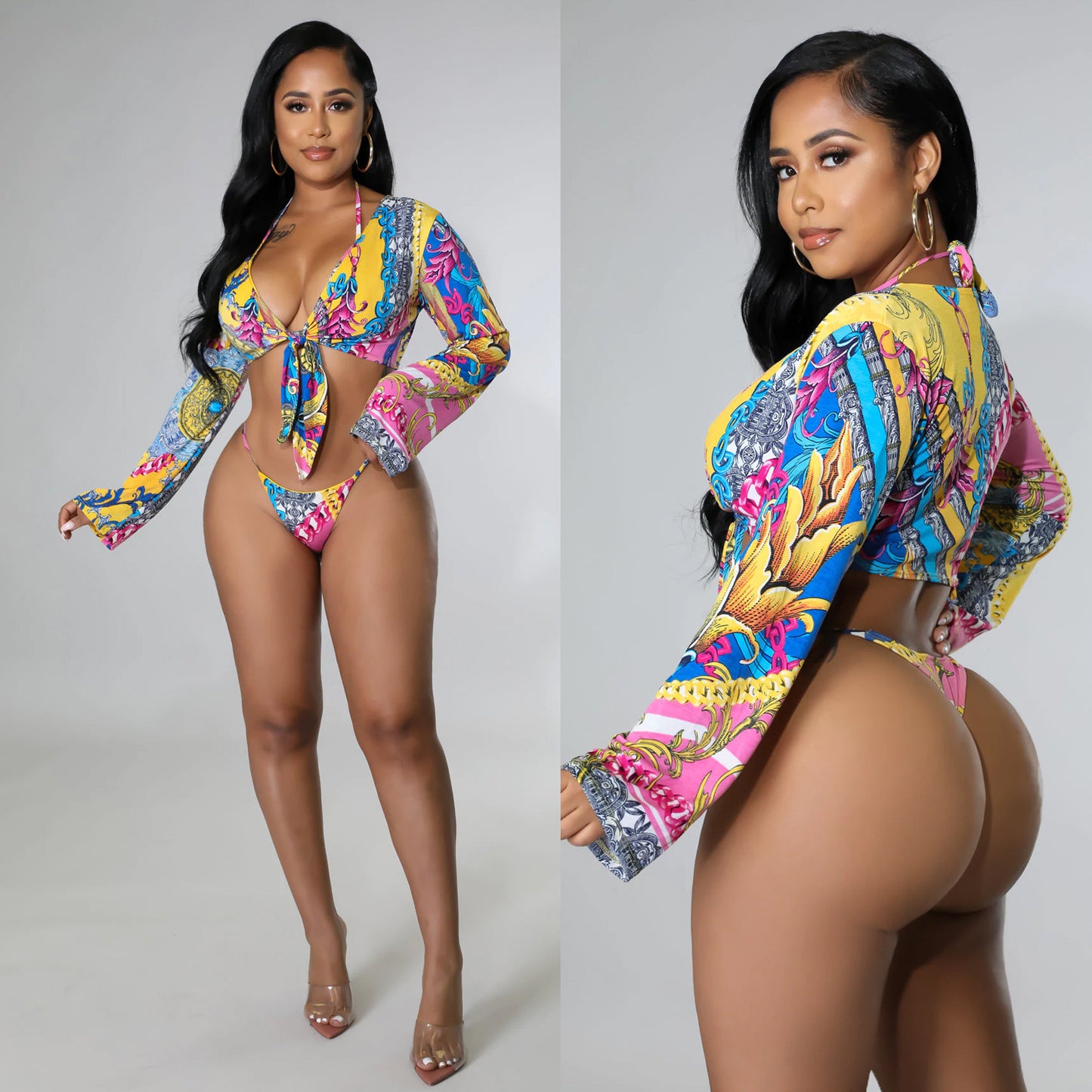 Women's Fashion Print Lace-Up Bikini Three Piece - Leverage On Heroes Women Store