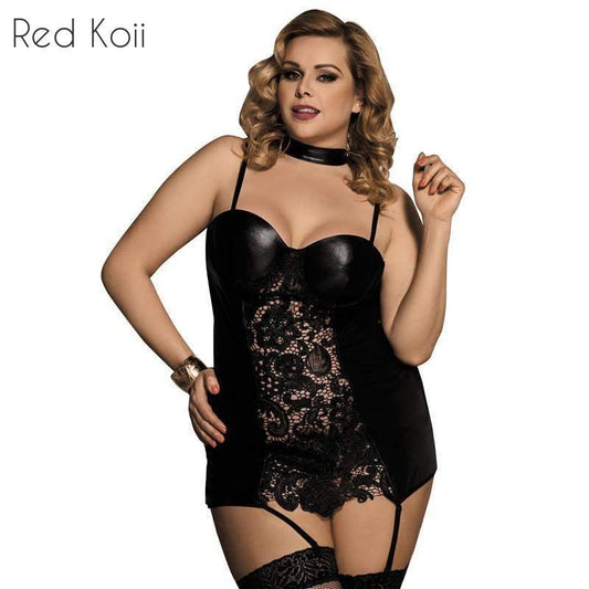 Gartered Lingerie Lace Faux Leather Lingerie - Leverage On Heroes Women Store