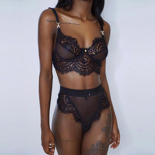 Lace Eyelash Love Grid Panty Set - Leverage On Heroes Women Store