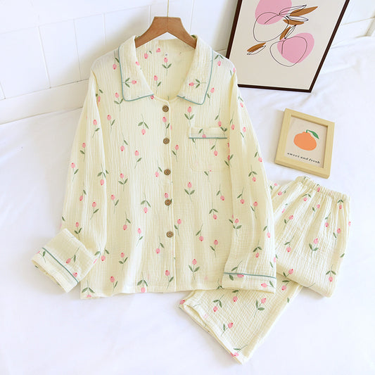 Women's Fashion Gauze Double Crepe Lapel Long-sleeved Loungewear Set - Leverage On Heroes Women Store