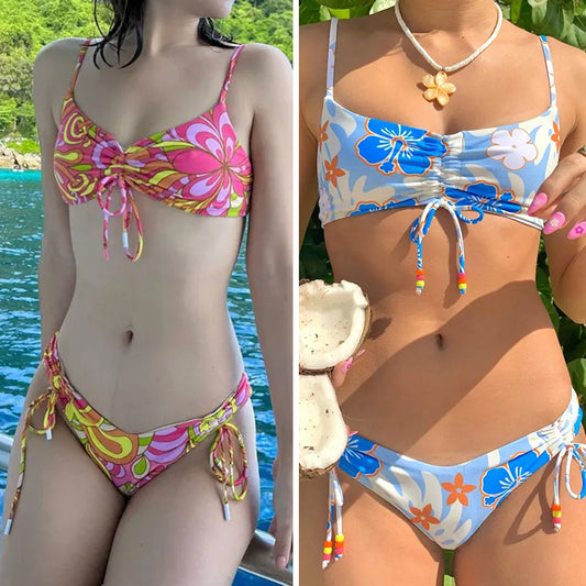Ladies Printed Lace-Up Split Swimsuit Bikini - Leverage On Heroes Women Store