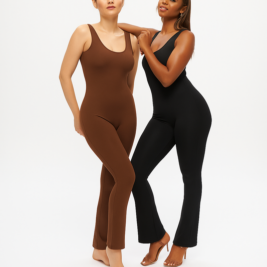 Two women wearing brown and black bodysuits on a white background