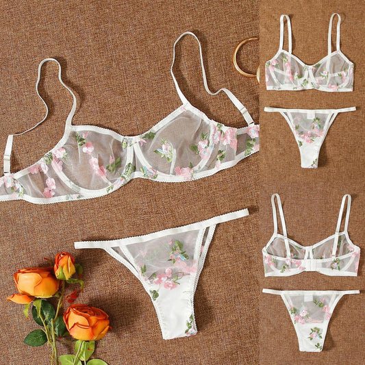 Three-point Mesh See-through Push Up Bras Embroidered Underwear Suit - Leverage On Heroes Women Store