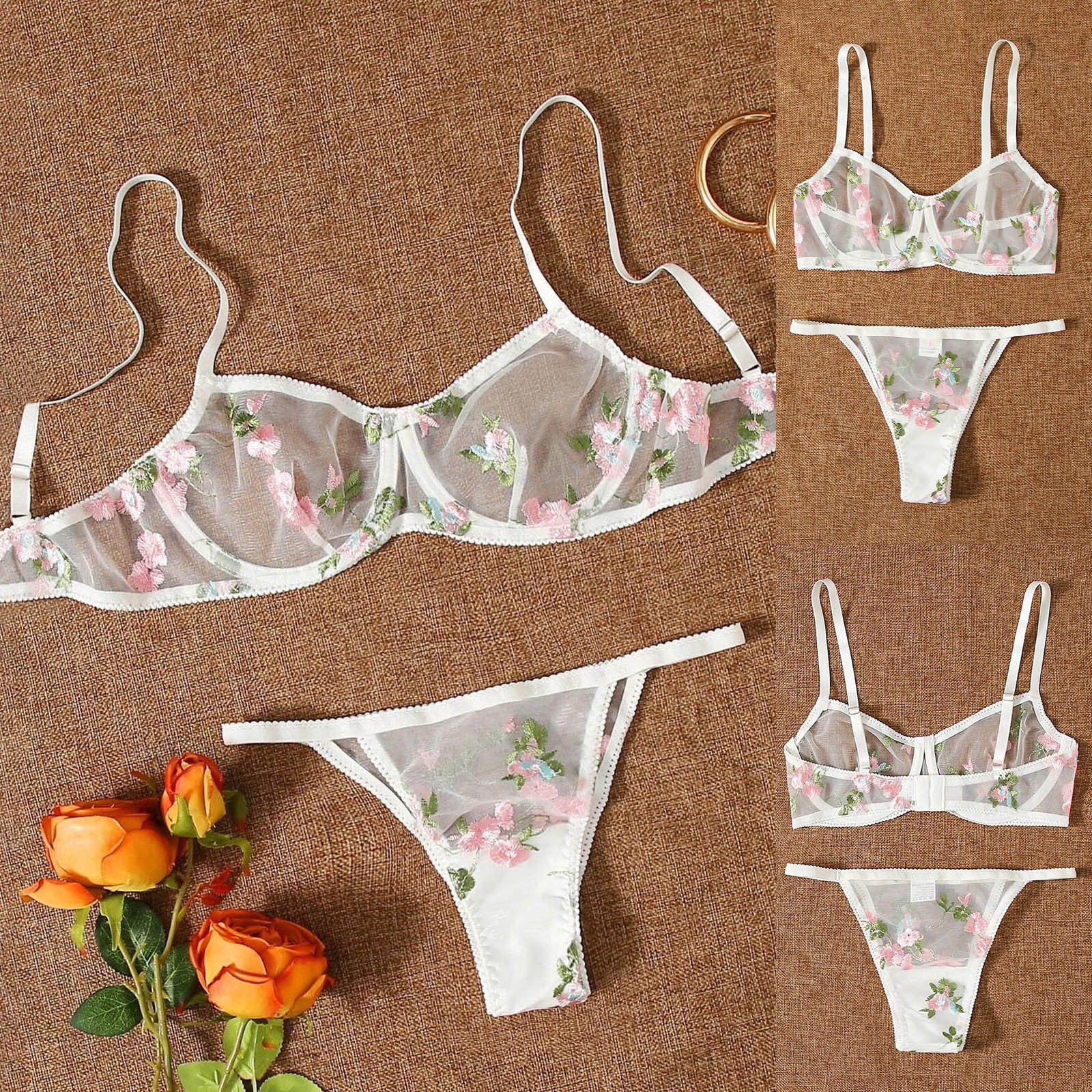 Three-point Mesh See-through Push Up Bras Embroidered Underwear Suit - Leverage On Heroes Women Store